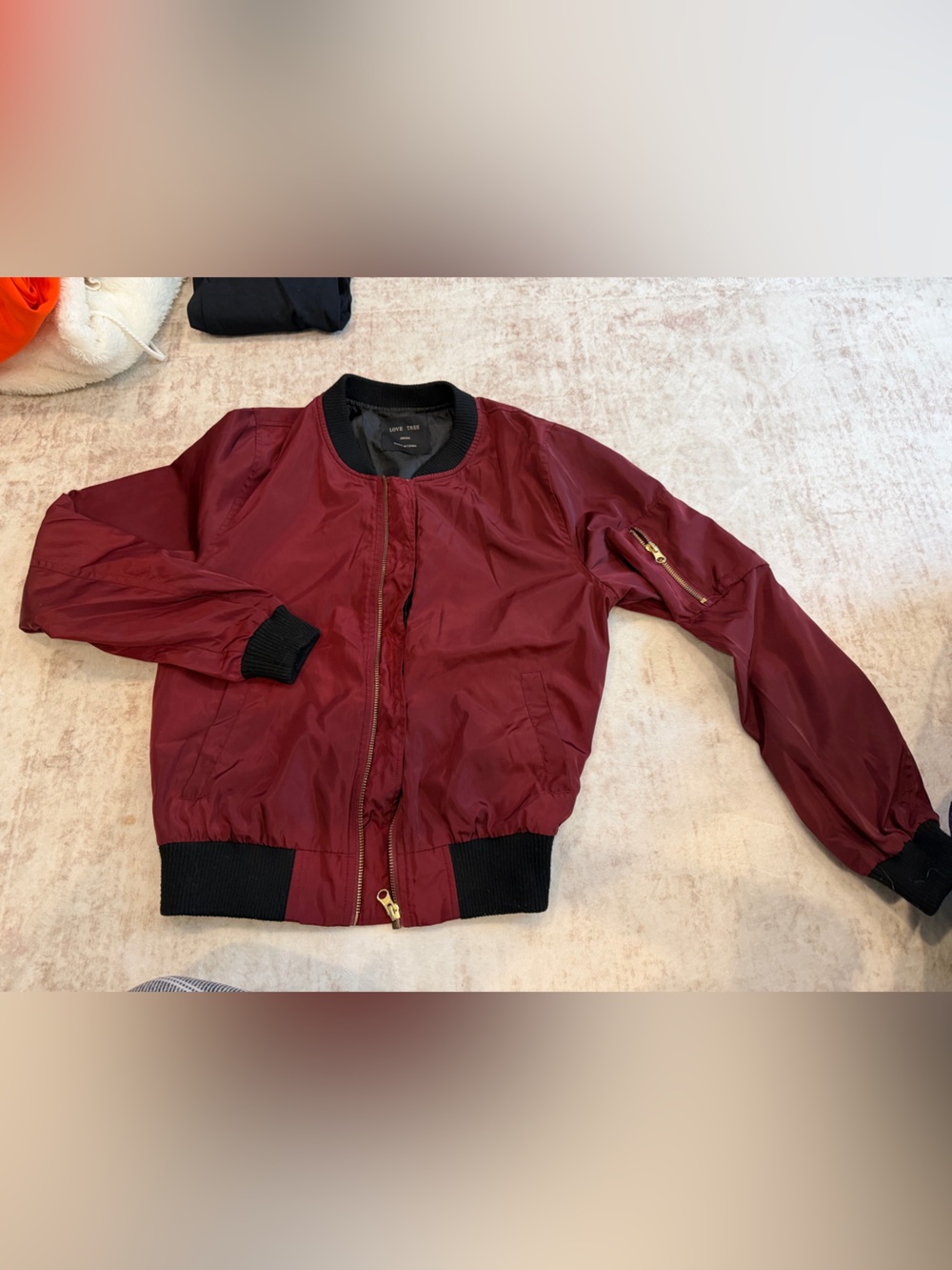 Women's Maroon Bomber Jacket with Ribbed Trim
